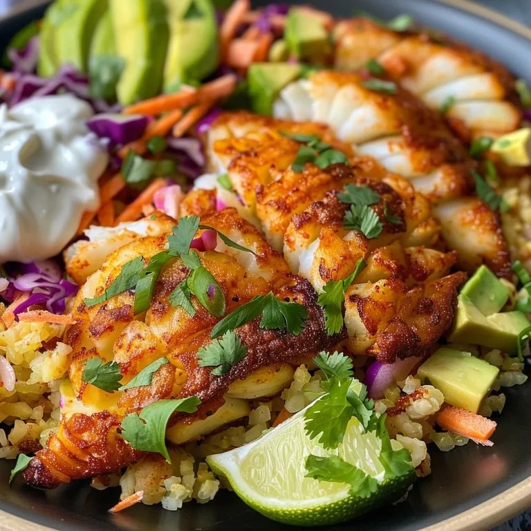 Tazón de pescado bajo en carbohidratos con codorniz, arroz de coliflor y guarniciones.