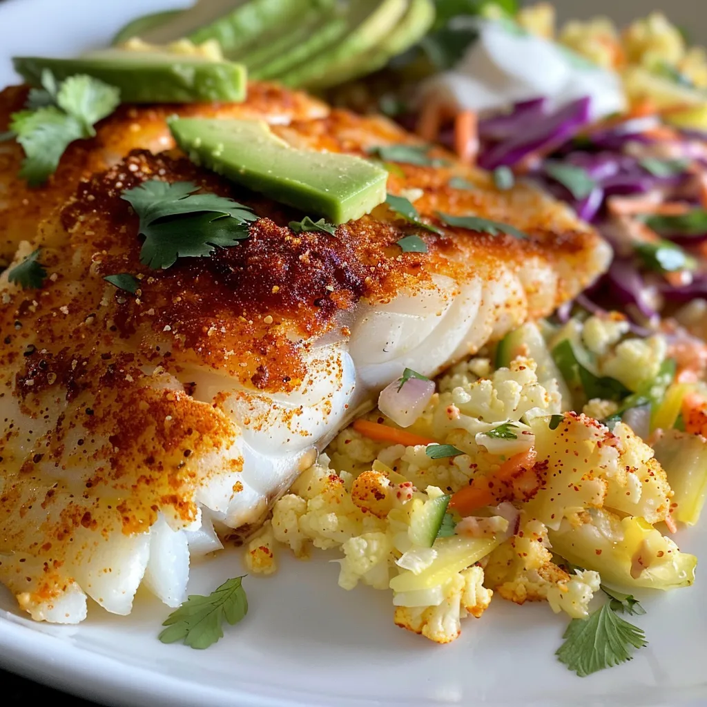 Primer plano de un tazón de pescado bajo en carbohidratos con aguacate y col.