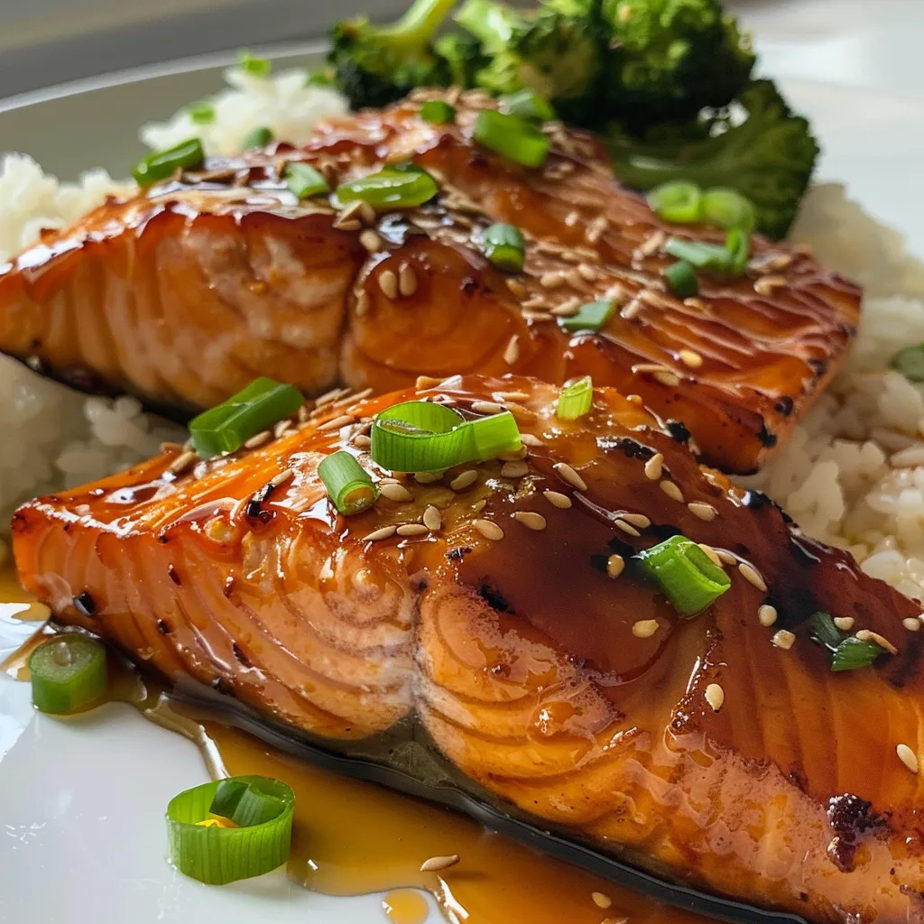 Vista lateral de un tazón de salmón teriyaki, con brócoli y arroz cocido.