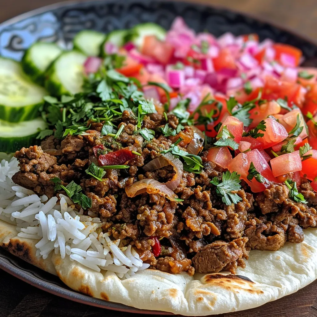Ensalada de shawarma de carne molida en un tazón, mostrando ingredientes coloridos.
