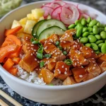 Tazón de poke de pollo teriyaki con arroz, verduras y salsa.
