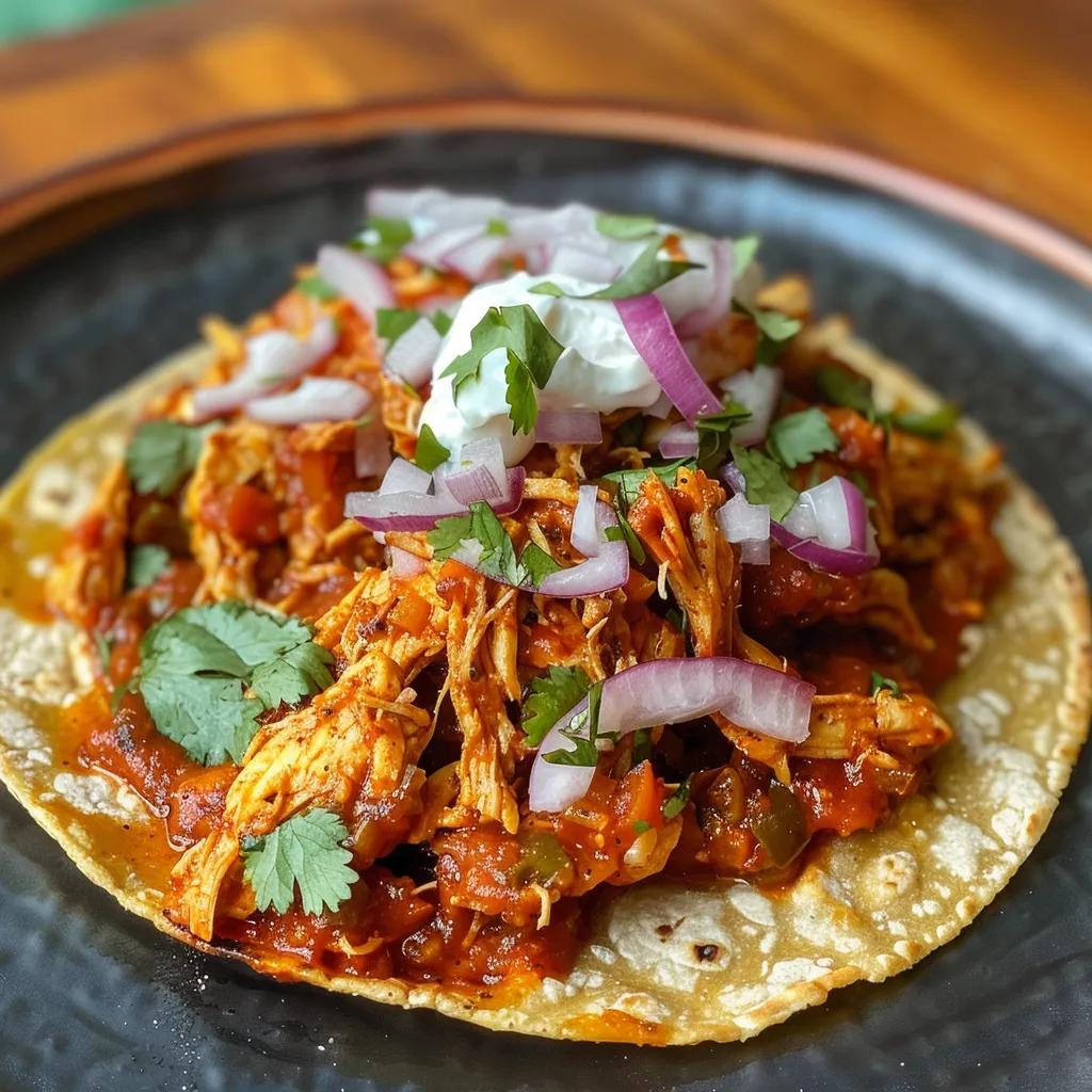 Delicious tinga de pollo nestled on crispy tostadas with lettuce and pickled onions.