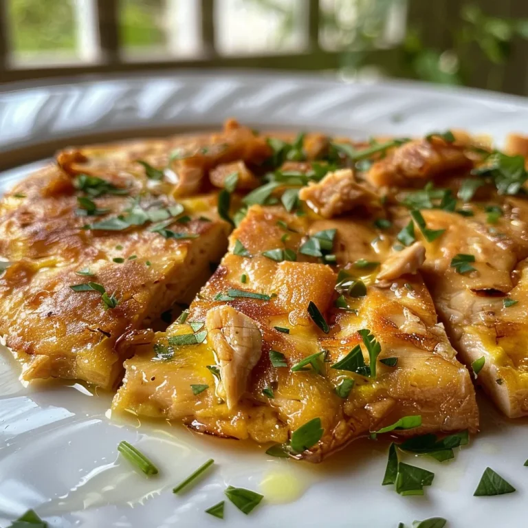 Tortilla de Pollo servida en un plato, con ramitas de perejil fresco como decoración.