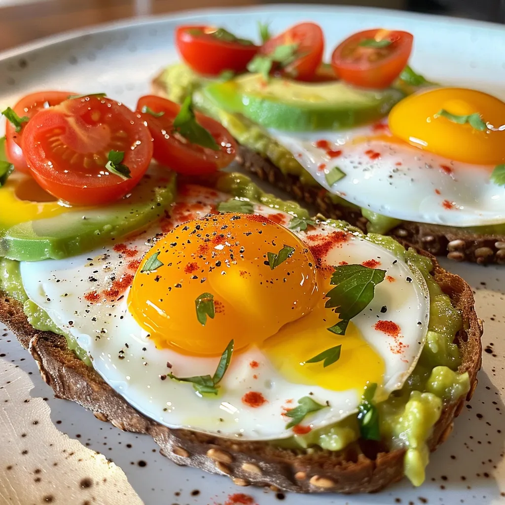 Un primer plano de tostadas de aguacate y huevo, decoradas con orégano.