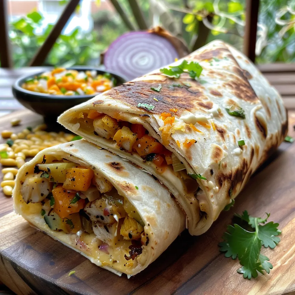 Seitenansicht eines appetitlichen Wraps mit Thunfischfüllung und Gemüse.