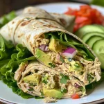 Ensalada de atún y aguacate en un wrap, vista lateral.