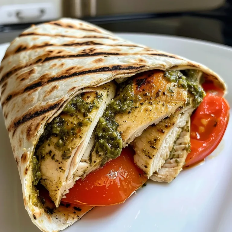 Wrap de pollo con pesto, cortado por la mitad, mostrando el pollo, pesto y tomate fresco.