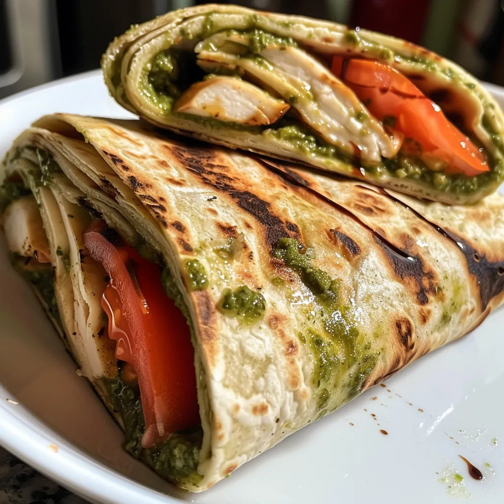 Enfoque lateral de un wrap jugoso de pollo con pesto, con ingredientes visibles.