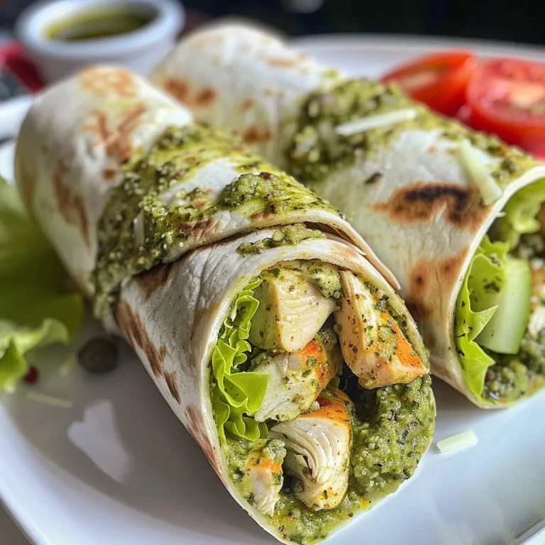 Ensalada de pollo pesto enrollada, vista lateral cercana.