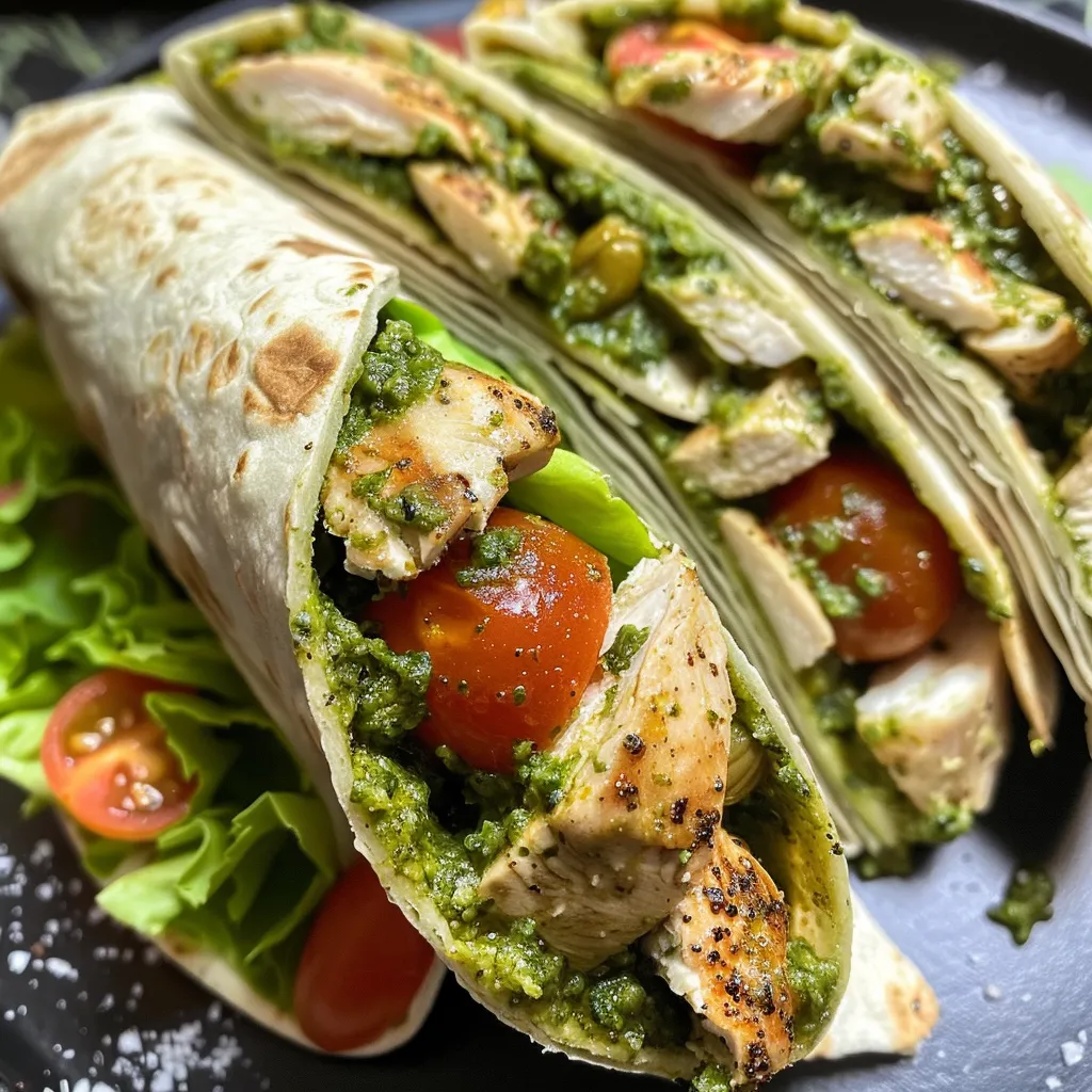 Wrap de pollo con pesto, presentado apétitamente.