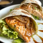 Primer plano de un wrap de salmón teriyaki con ingredientes visibles.