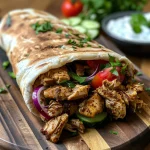 Wrap de shawarma de pollo jugoso sobre fondo claro con vegetales frescos.