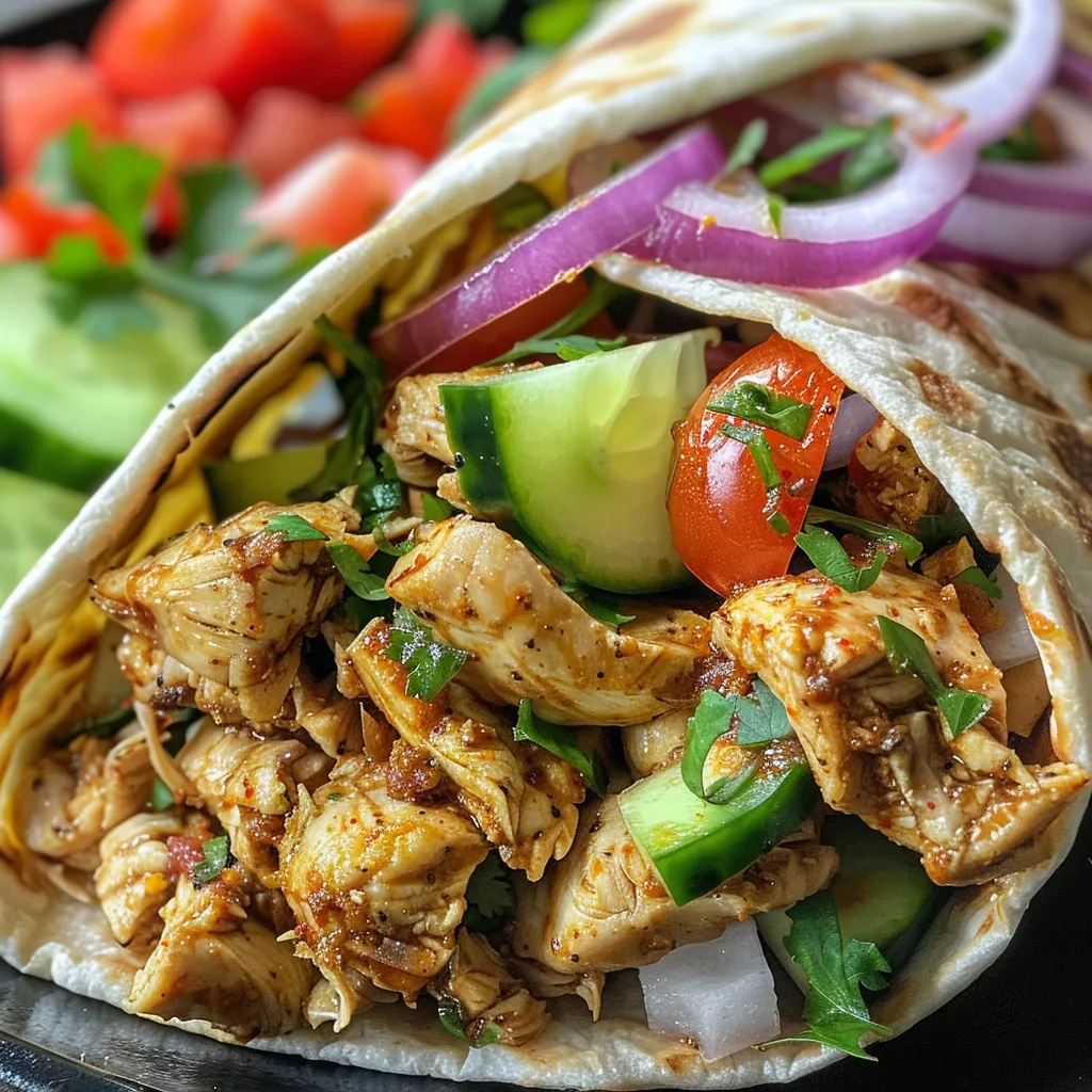 Enfoque lateral de un wrap de shawarma de pollo con ingredientes coloridos.