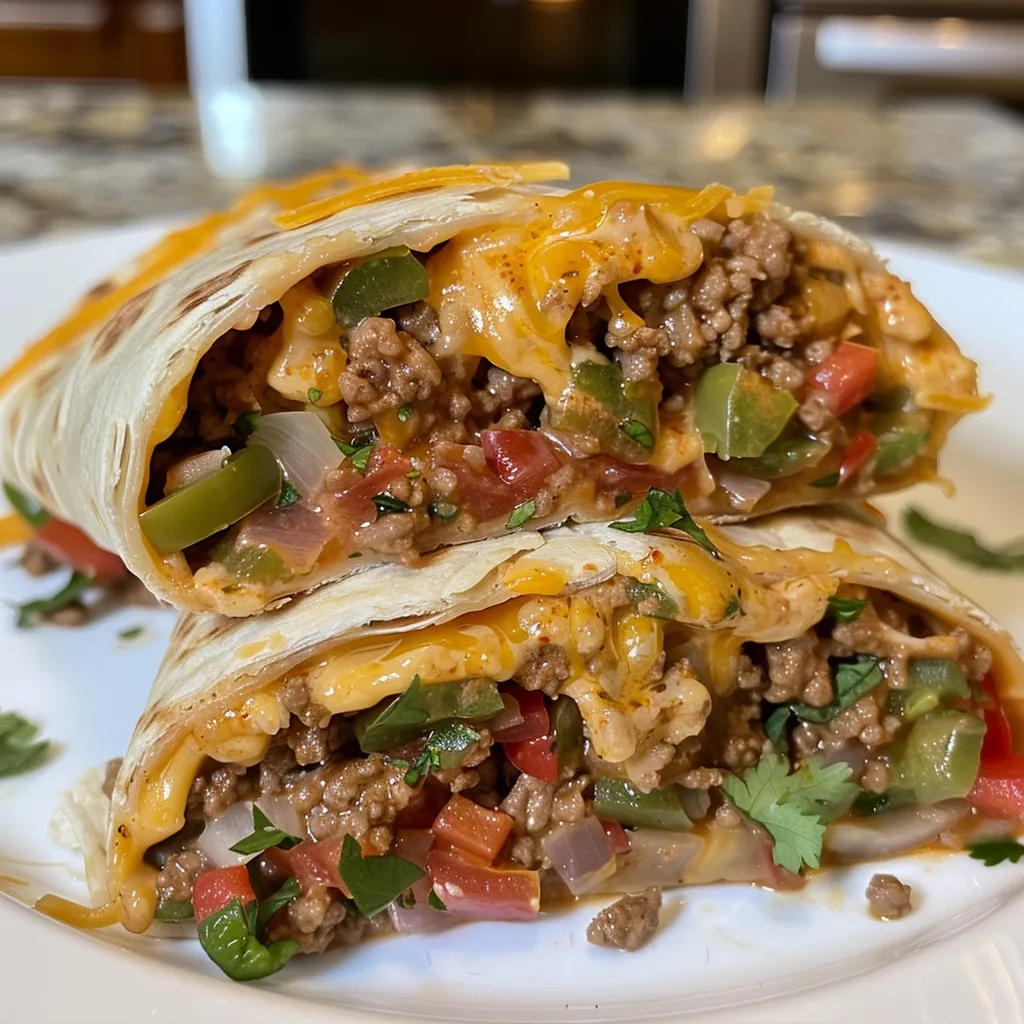Un delicioso wrap de carne cubierto de salsa de queso nacho.