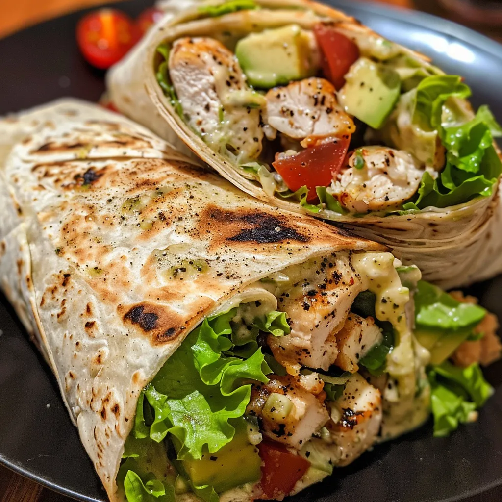 Vista lateral de un wrap César lleno de pollo y aderezo.