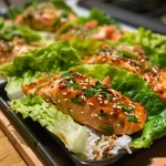 Vista lateral de wraps de salmón teriyaki, con lechuga y arroz.