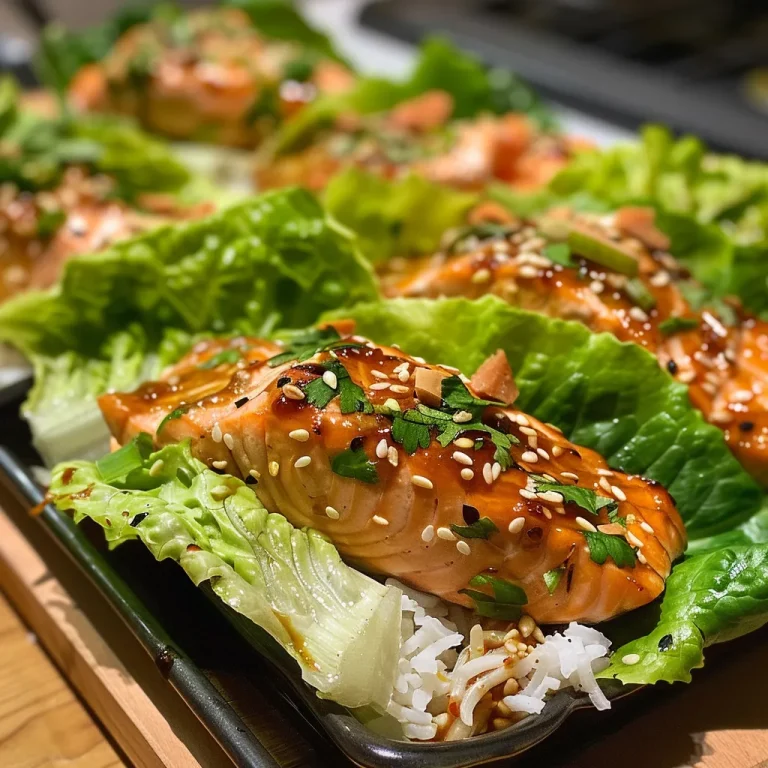 Vista lateral de wraps de salmón teriyaki, con lechuga y arroz.