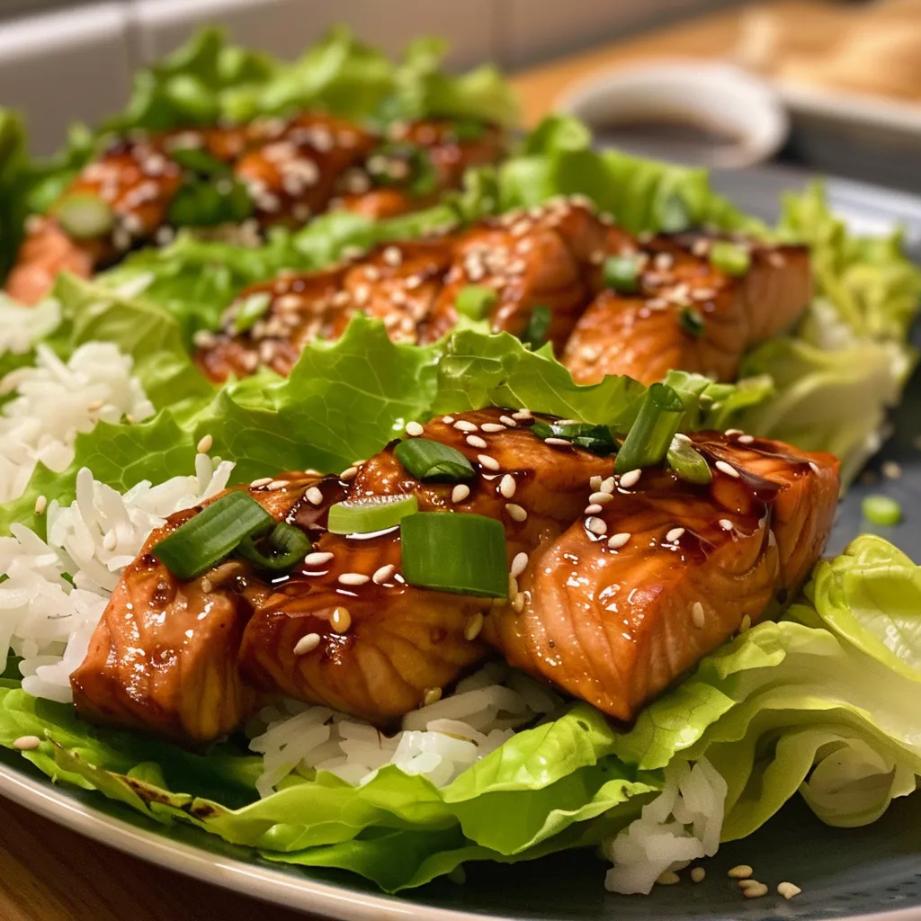 Primer plano de wraps de salmón teriyaki con ingredientes frescos.