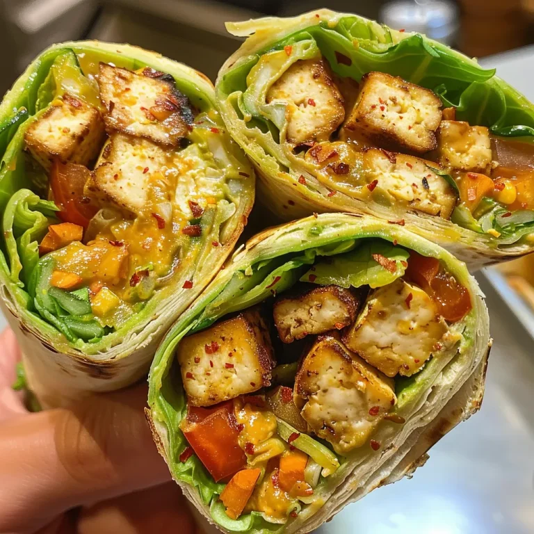 Wraps veganos con tofu y salsa picante en un plato.