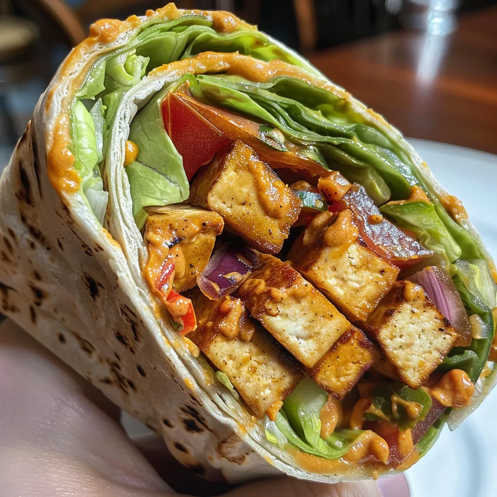 Primer plano de wraps veganos con tofu y salsa picante.