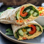 Un wrap vegano de hummus con verduras frescas y tortillas de harina.