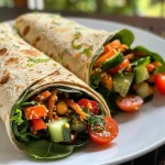 Primer plano de wraps veganos rellenos de verduras frescas.