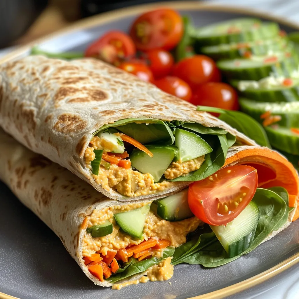 Vista lateral de un wrap vegano con hummus y verduras.