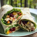Tortilla rellena de ensalada de pollo, decorada con chutney de mango y verduras.
