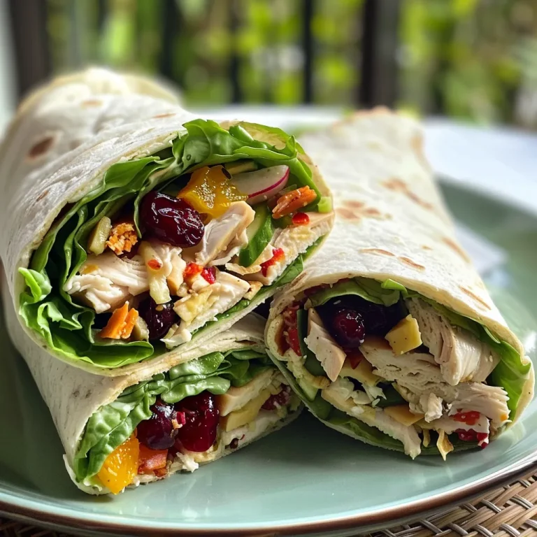 Tortilla rellena de ensalada de pollo, decorada con chutney de mango y verduras.
