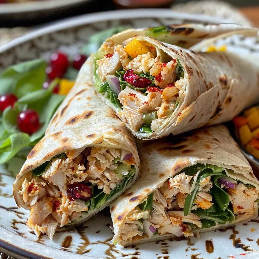 Vista lateral de wraps de pollo, mostrando la mezcla de ingredientes frescos.