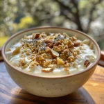Primer plano de un tazón de yogur con miel y nueces.