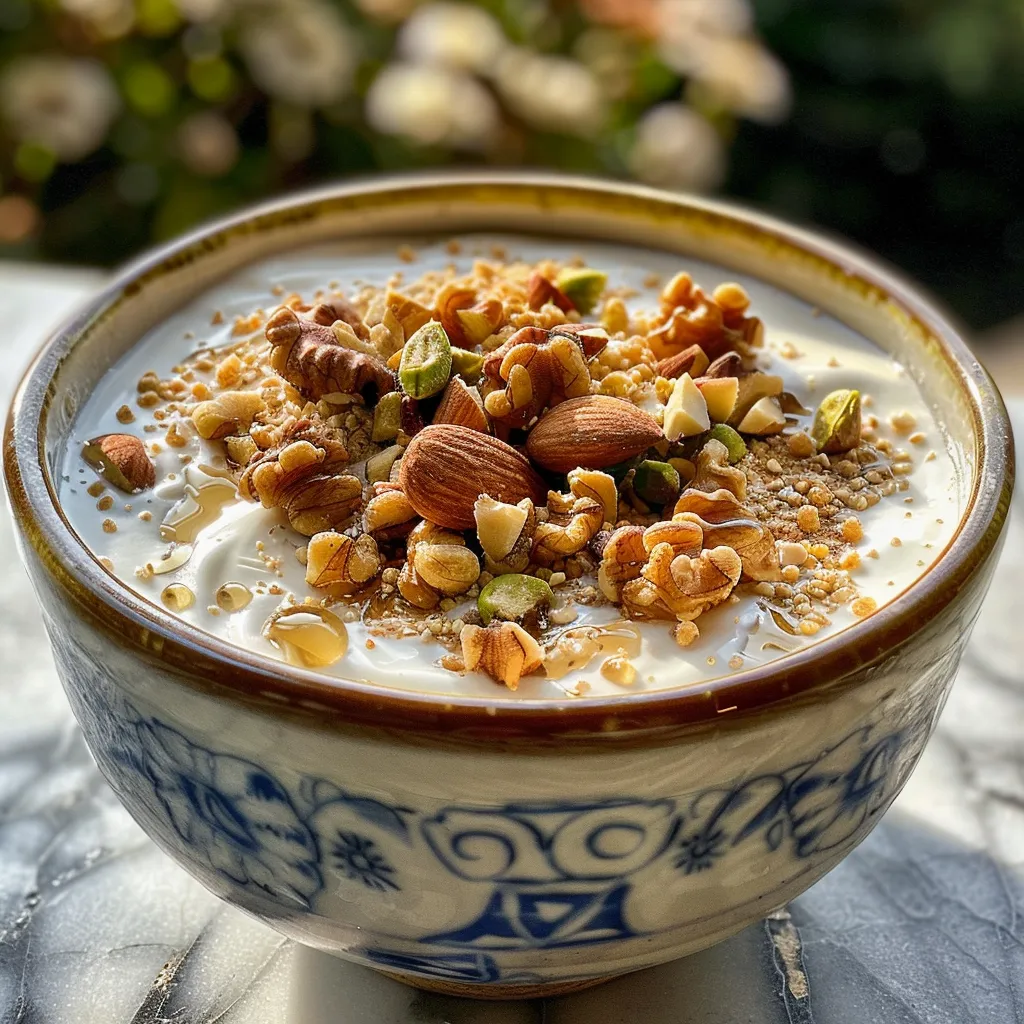 Close up de un vaso de yogur con miel y nueces, con textura cremosa.