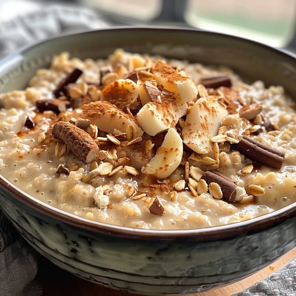 ['Tazón de avena con coco y nuez en un fondo claro.', 'Detalle de avena cremoso con trozos de nuez y coco tostado.', 'Imagen de avena decorada con chocolate semi-amargo y nueces.', 'Avena con textura cremosa y toppings de coco y nuez en un plato.']