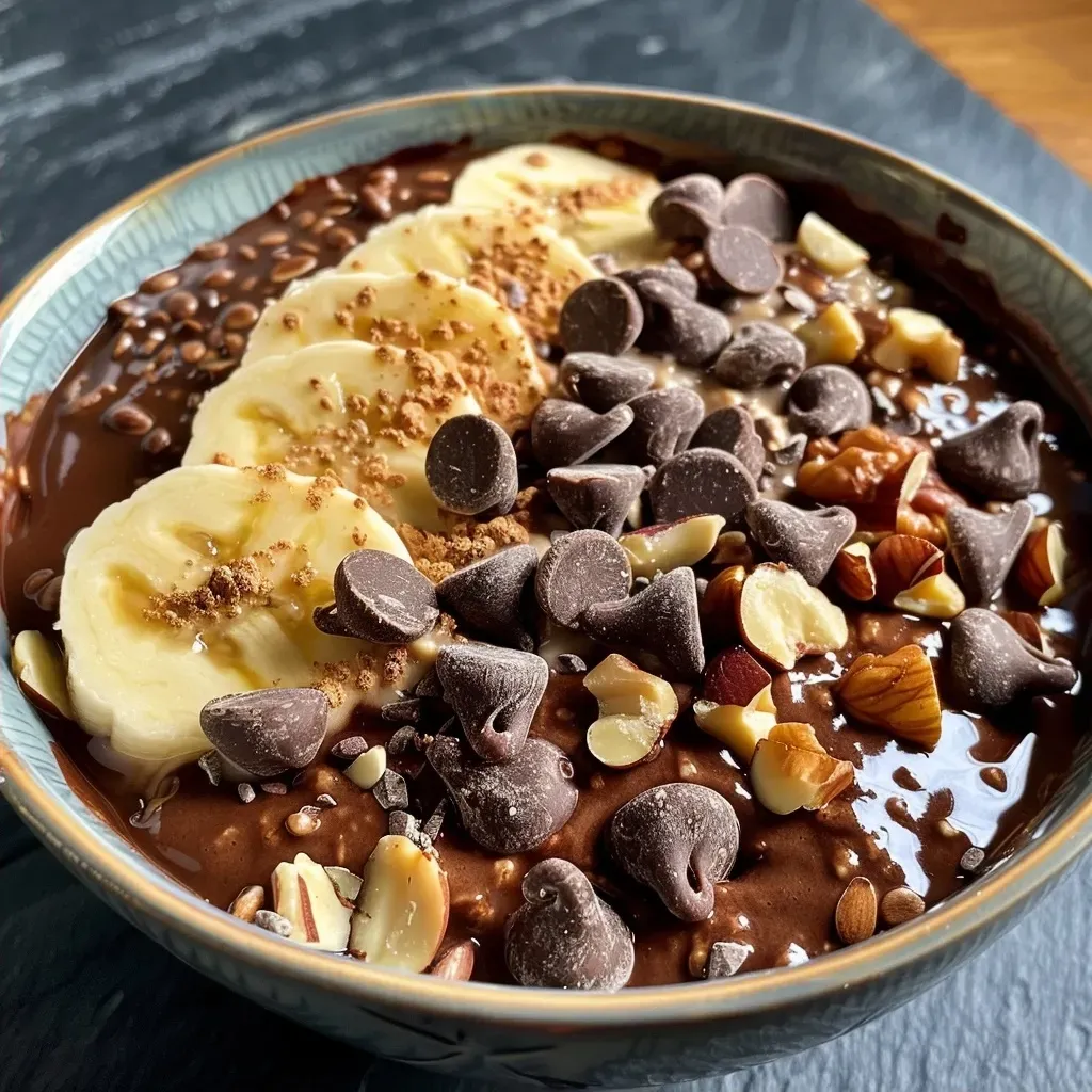 ['Tazón de avena de chocolate con frutas y chocolate oscuro.', 'Avena de chocolate en un tazón, decorada con plátano y frambuesas.', 'Detalle de una porción de avena de chocolate con nueces y frutas.', 'Avena de chocolate cremosa con trozos de chocolate y frutos frescos.']