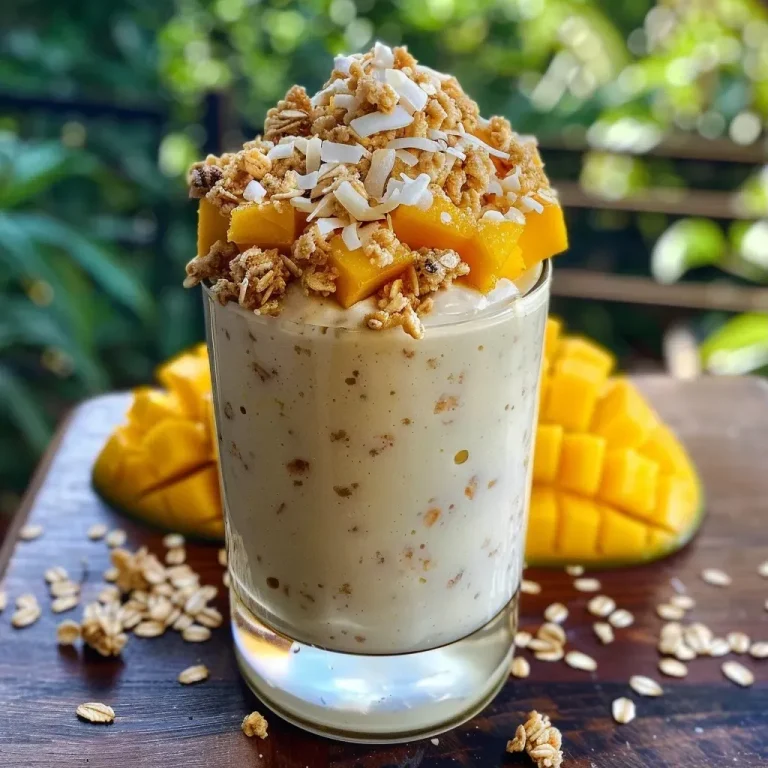['Avena de mango y coco tostado servida en un tazón.', 'Close up de avena con mango y coco en un plato.', 'Tazón de avena de mango y coco tostado decorado.', 'Avena lista para servir, con trozos de mango y coco.']