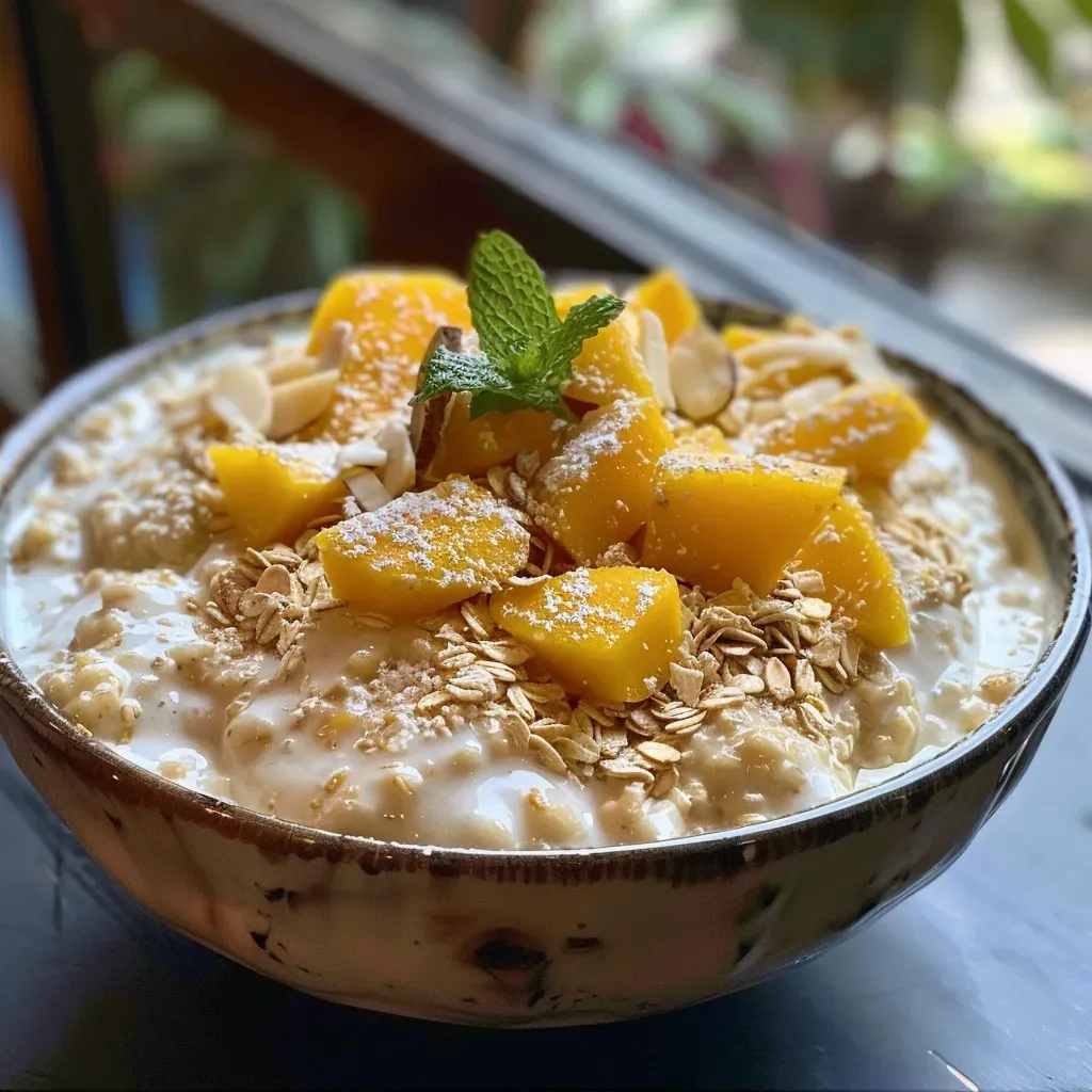 ['Avena de mango y coco tostado servida en un tazón.', 'Close up de avena con mango y coco en un plato.', 'Tazón de avena de mango y coco tostado decorado.', 'Avena lista para servir, con trozos de mango y coco.']