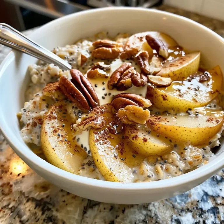 ['Avena nocturna con canela y peras en un tazón.', 'Primer plano de avena nocturna con peras y canela.', 'Tazón de avena con canela y peras frescas.', 'Avena nocturna decorada con peras y nueces.']