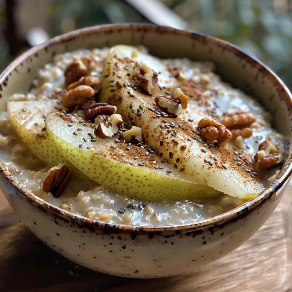 ['Avena nocturna con canela y peras en un tazón.', 'Primer plano de avena nocturna con peras y canela.', 'Tazón de avena con canela y peras frescas.', 'Avena nocturna decorada con peras y nueces.']