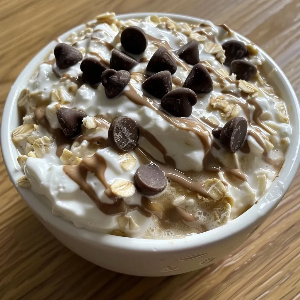 Tazón con avena nocturna de vainilla y chispas de chocolate.