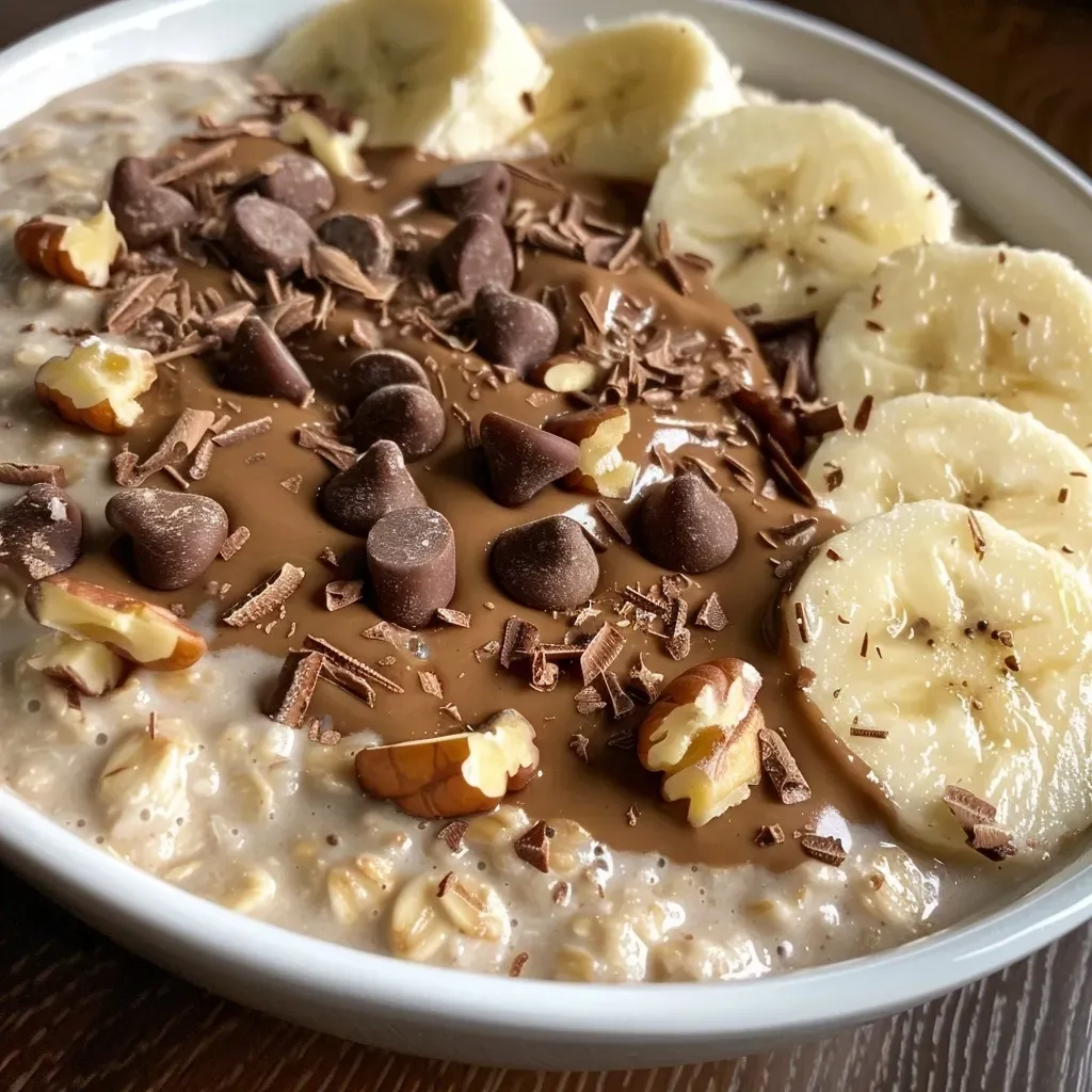 ['Avena sin cocinar de chocolate y plátano en un bowl.', 'Platos de avena con rodajas de plátano y cacao.', 'Porción de avena fría con plátano y chocolate.', 'Avena de chocolate y plátano con ingredientes frescos.']