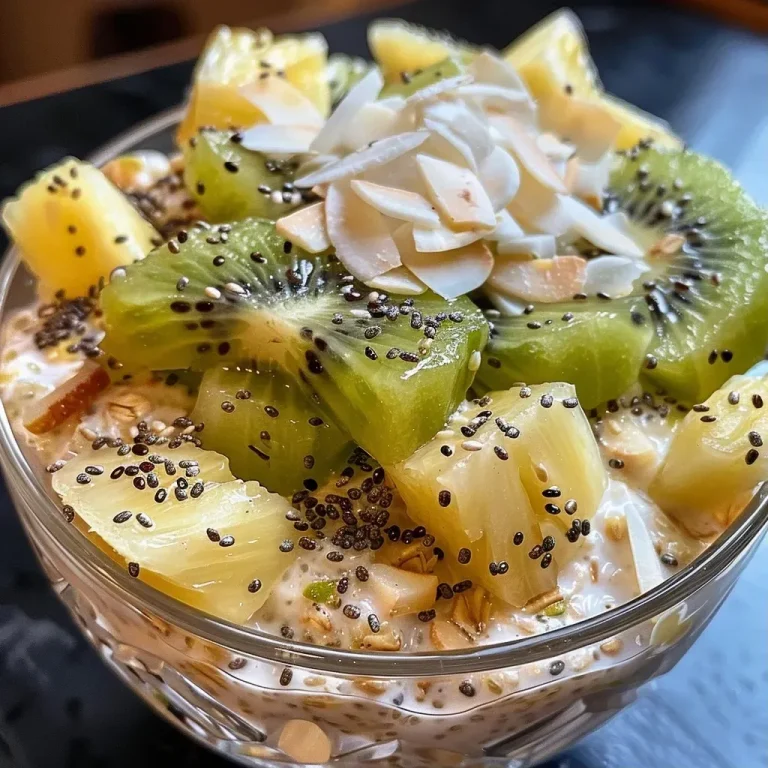 ['Tazón de avena tropical nocturna con frutas frescas.', 'Primer plano de avena con kiwi y piña.', 'Avena nocturna presentada en un vaso transparente.', 'Avena con yogur y frutas en un entorno luminoso.']