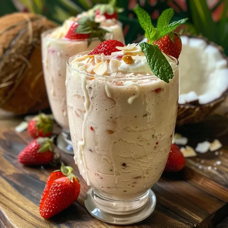 ['Batido de coco y fresas en un vaso con decoración de arándanos.', 'Primer plano de un batido saludable de coco y fresas.', 'Vaso de batido de fresas y coco con hojas de menta.', 'Batido de coco y fresas con almendras en un vaso.']