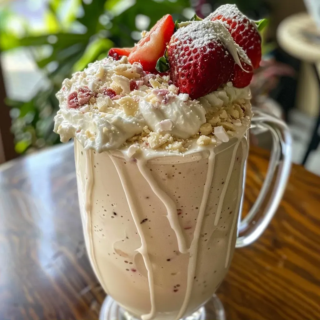 ['Batido de coco y fresas en un vaso con decoración de arándanos.', 'Primer plano de un batido saludable de coco y fresas.', 'Vaso de batido de fresas y coco con hojas de menta.', 'Batido de coco y fresas con almendras en un vaso.']