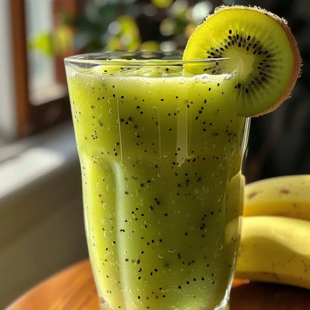 Batido de kiwi y pera servido en un vaso.