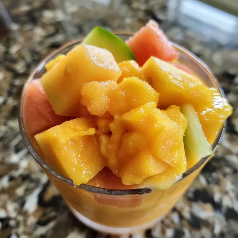 ['Batido de mango y melón cremoso en un vaso.', 'Smoothie de mango y melón con hielo en un fondo claro.', 'Vaso de batido cremoso de mango y melón frente a fondo natural.', 'Close up de un batido saludable de mango y melón.']