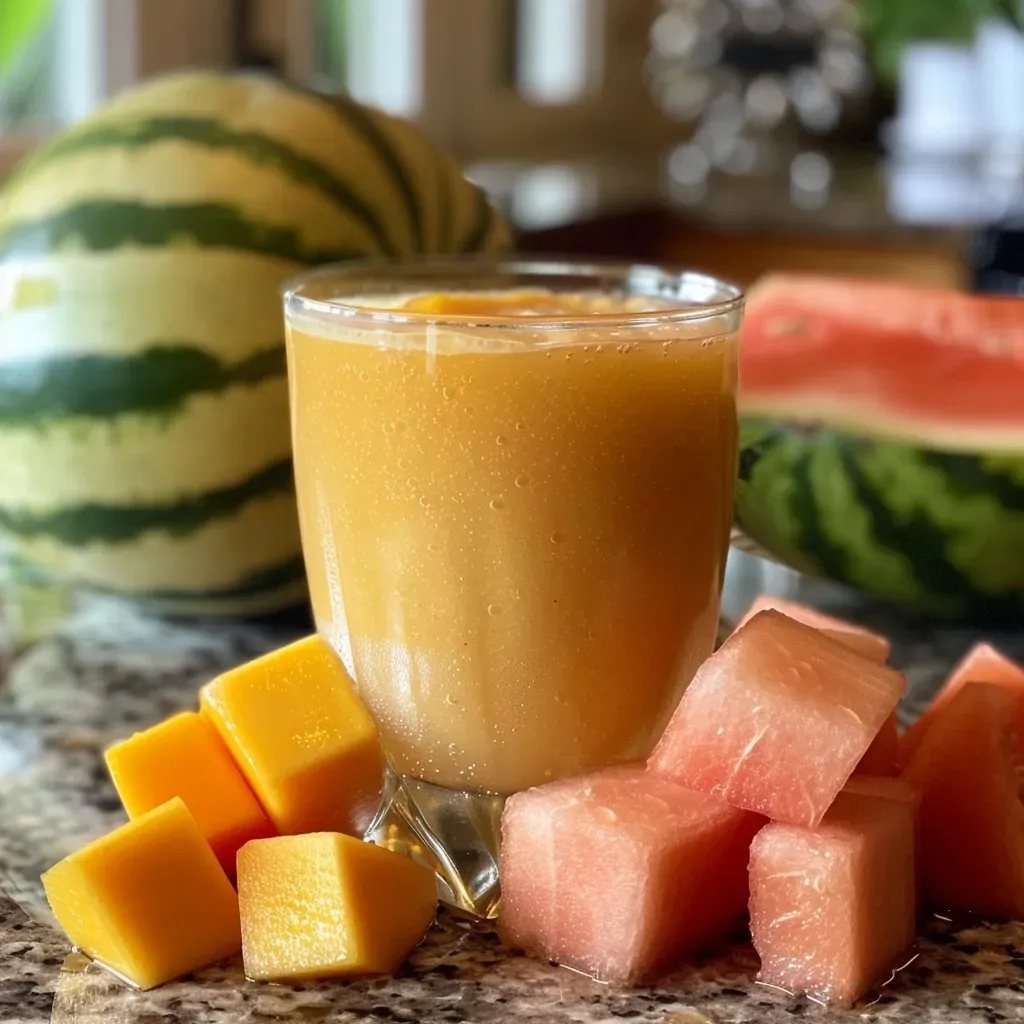 ['Batido de mango y melón cremoso en un vaso.', 'Smoothie de mango y melón con hielo en un fondo claro.', 'Vaso de batido cremoso de mango y melón frente a fondo natural.', 'Close up de un batido saludable de mango y melón.']