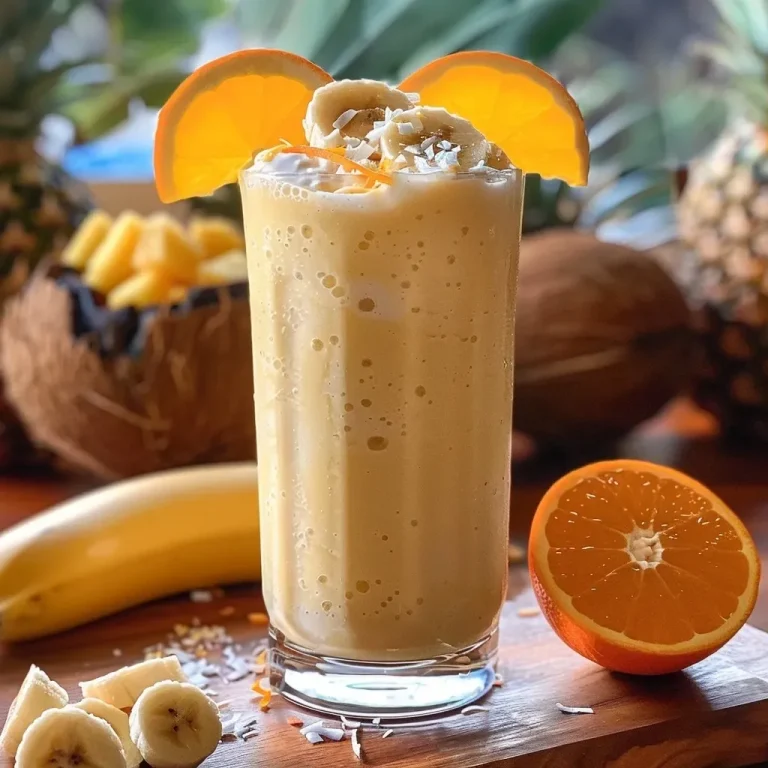 ['Batido de piña y naranja en un vaso con hielo.', 'Smoothie refrescante de piña y naranja con coco.', 'Close-up de un batido de frutas tropicales en un vaso.', 'Batido colorido de piña, naranja y plátano.']