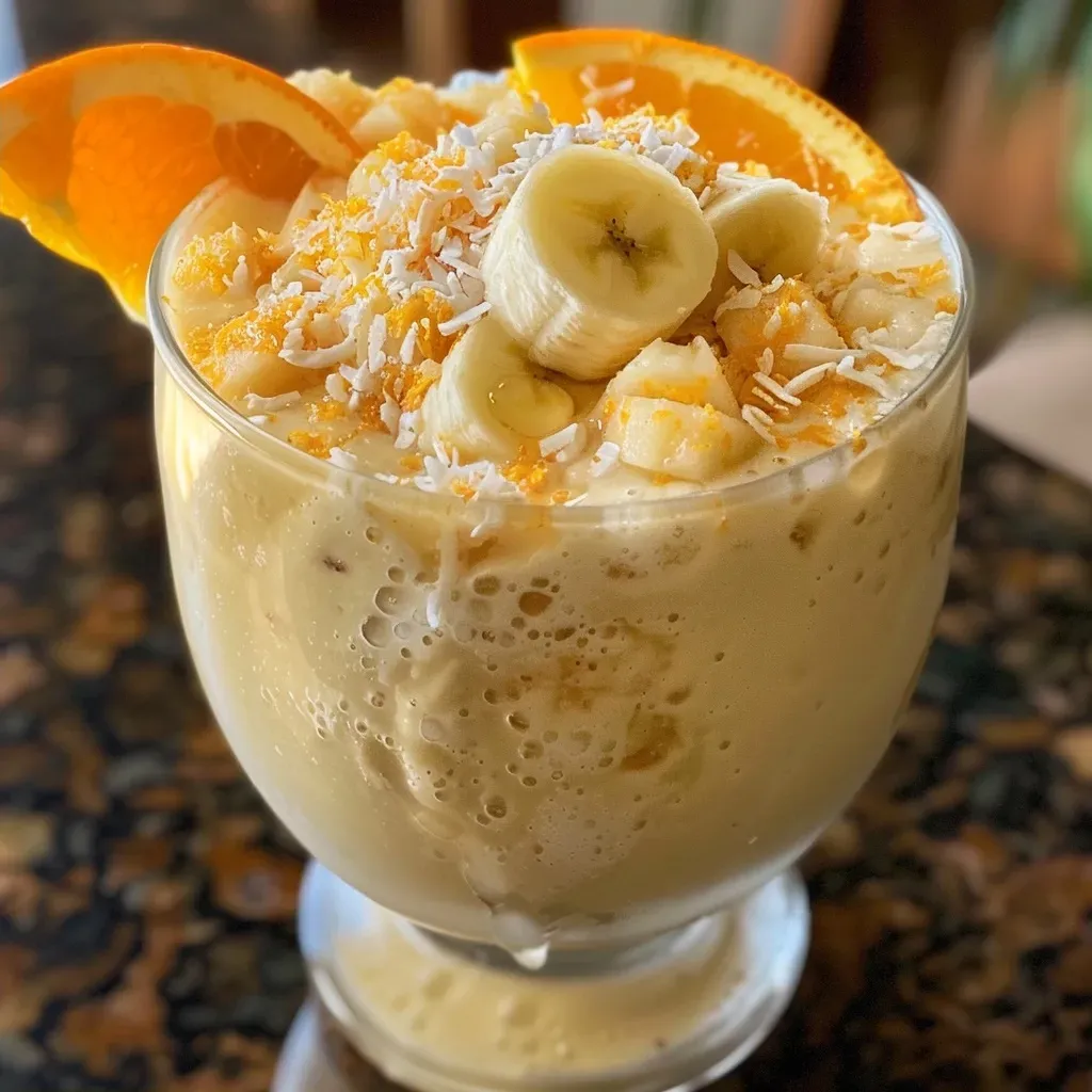 Batido de piña y naranja en un vaso con hielo.