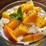 ['Batido de yogur de durazno en un vaso con duraznos frescos al lado.', 'Close-up de un batido de durazno con textura cremosa y color vibrante.', 'Vaso de batido de yogur de durazno con hielo, decorado con rodajas de durazno.', 'Preparación de batido de durazno, mostrando ingredientes frescos y cremosos.']