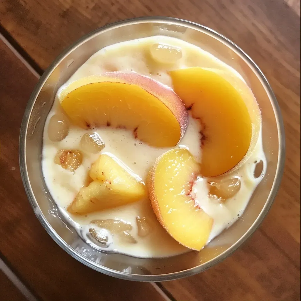 ['Batido de yogur de durazno en un vaso con duraznos frescos al lado.', 'Close-up de un batido de durazno con textura cremosa y color vibrante.', 'Vaso de batido de yogur de durazno con hielo, decorado con rodajas de durazno.', 'Preparación de batido de durazno, mostrando ingredientes frescos y cremosos.']